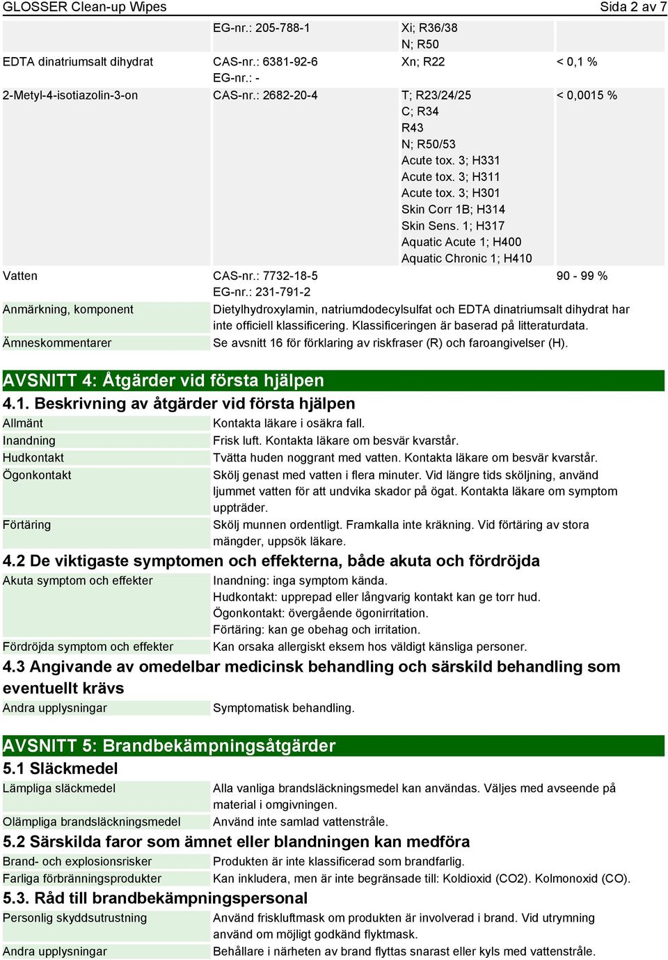 1; H317 Aquatic Acute 1; H400 Aquatic Chronic 1; H410 Vatten CAS-nr.: 7732-18-5 90-99 % EG-nr.