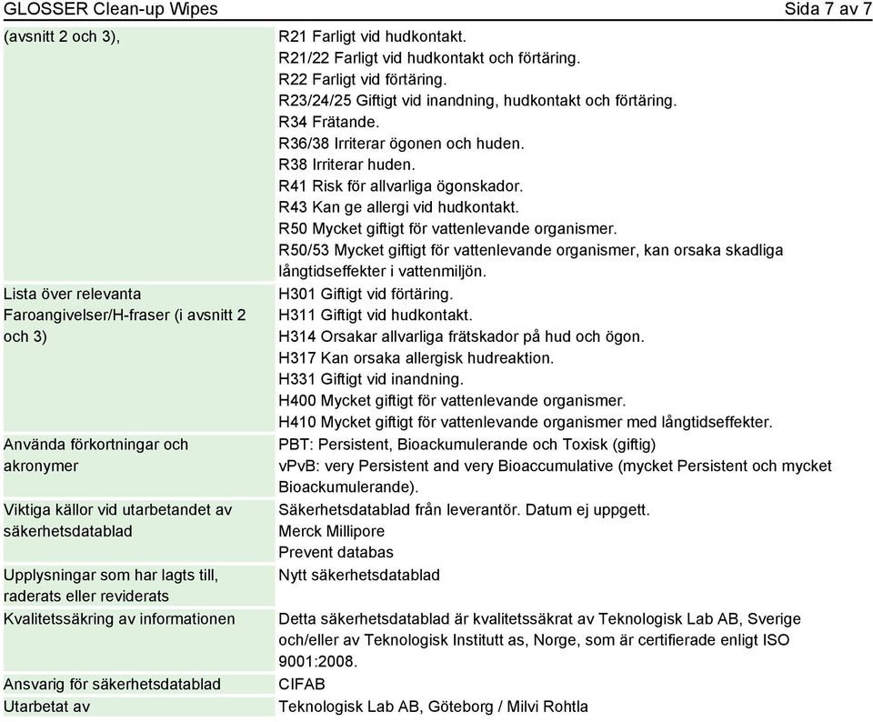 R21/22 Farligt vid hudkontakt och förtäring. R22 Farligt vid förtäring. R23/24/25 Giftigt vid inandning, hudkontakt och förtäring. R34 Frätande. R36/38 Irriterar ögonen och huden. R38 Irriterar huden.