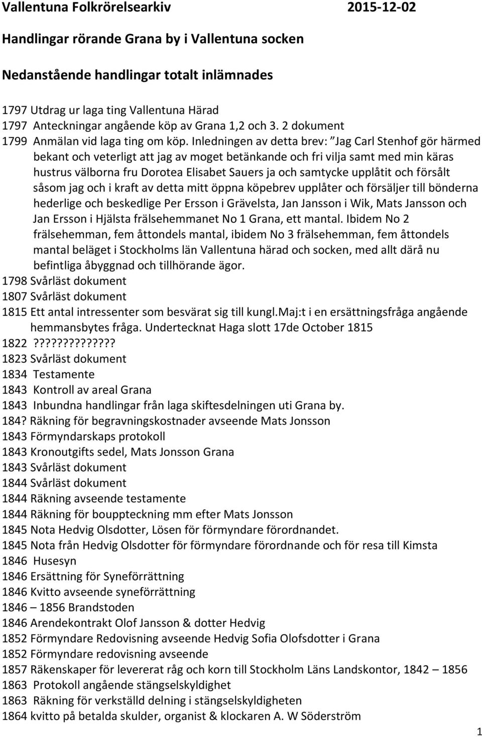 Inledningen av detta brev: Jag Carl Stenhof gör härmed bekant och veterligt att jag av moget betänkande och fri vilja samt med min käras hustrus välborna fru Dorotea Elisabet Sauers ja och samtycke