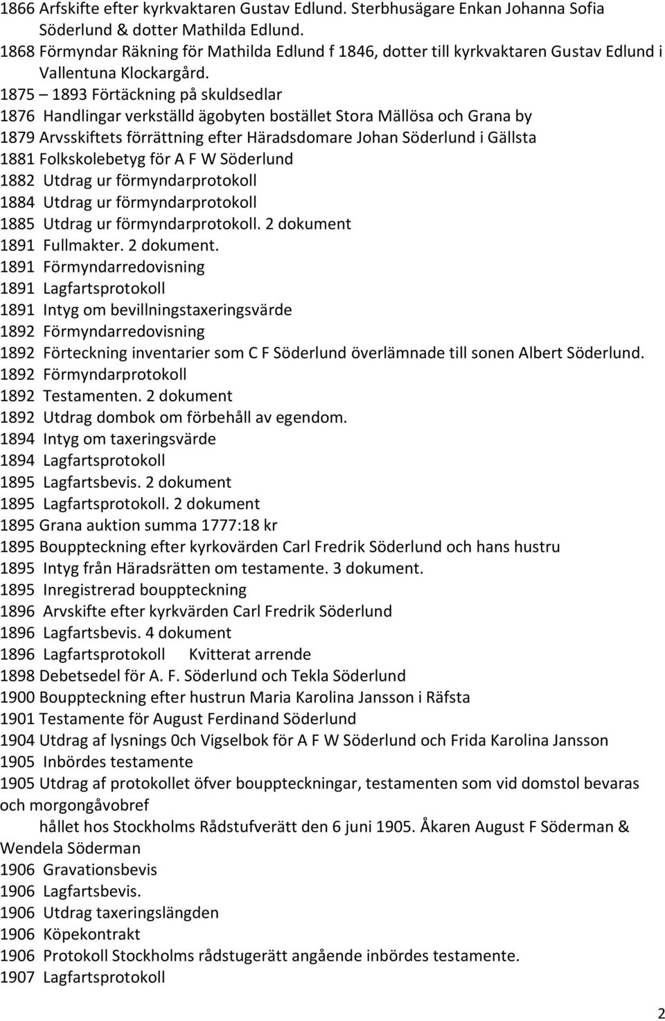 1875 1893 Förtäckning på skuldsedlar 1876 Handlingar verkställd ägobyten bostället Stora Mällösa och Grana by 1879 Arvsskiftets förrättning efter Häradsdomare Johan Söderlund i Gällsta 1881