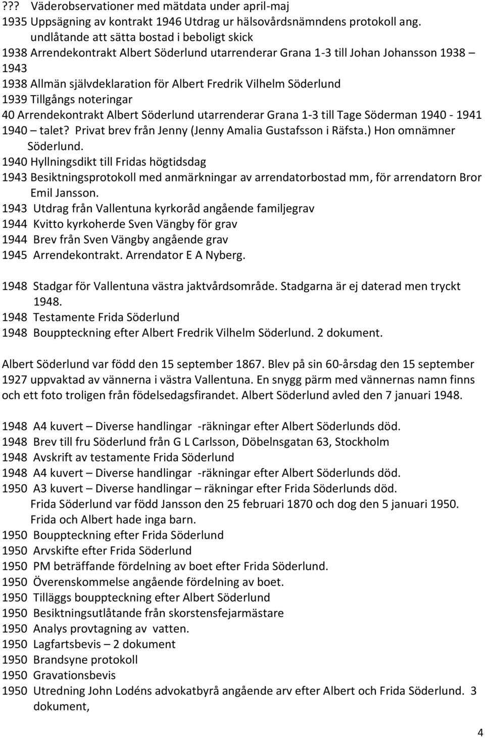 Söderlund 1939 Tillgångs noteringar 40 Arrendekontrakt Albert Söderlund utarrenderar Grana 1-3 till Tage Söderman 1940-1941 1940 talet? Privat brev från Jenny (Jenny Amalia Gustafsson i Räfsta.