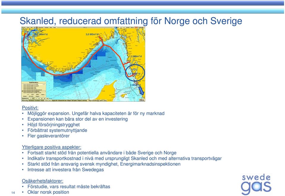 Ytterligare positiva aspekter: Fortsatt starkt stöd från potentiella användare i både Sverige och Norge Indikativ transportkostnad i nivå med ursprungligt Skanled och med