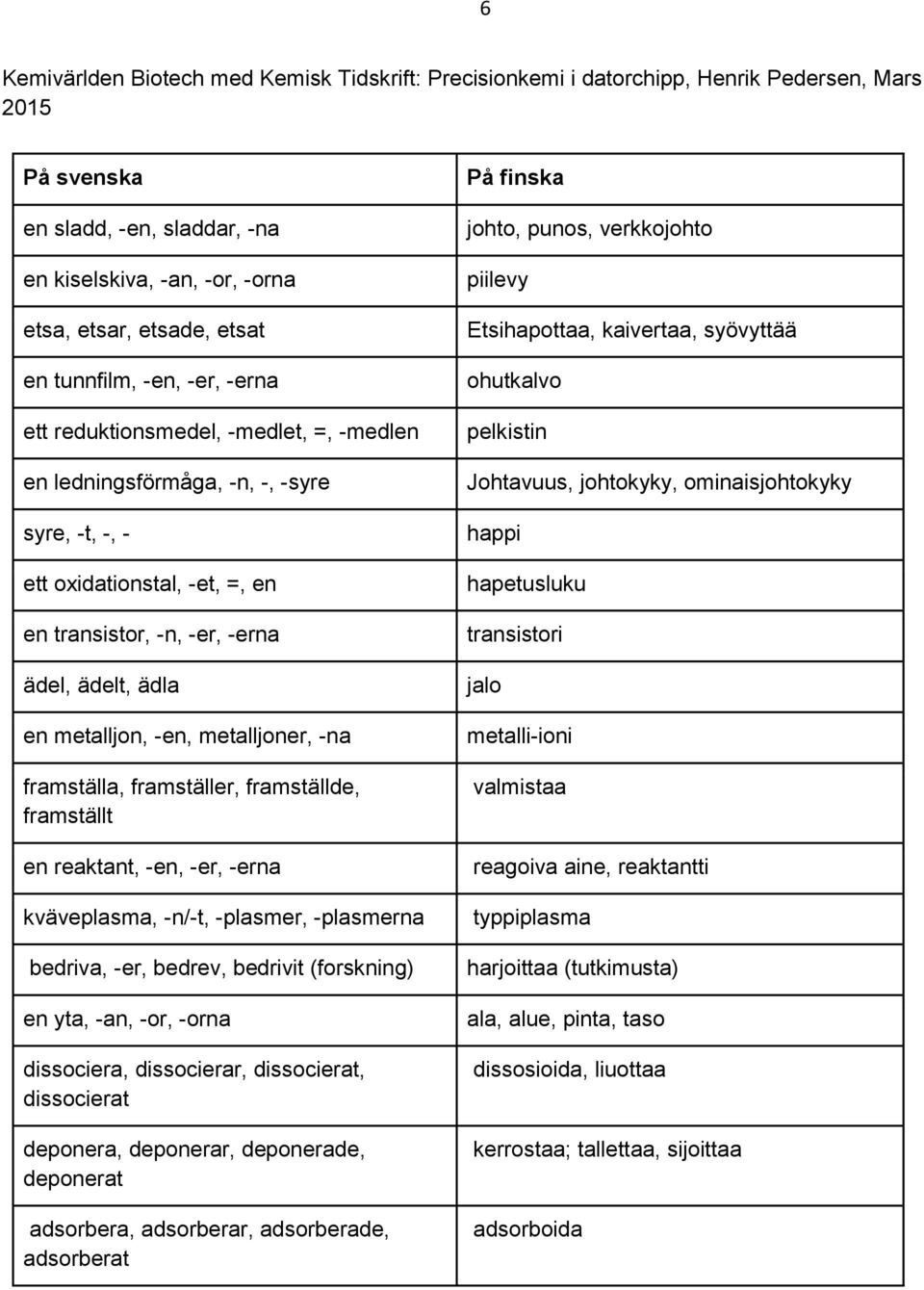 metalljon, -en, metalljoner, -na framställa, framställer, framställde, framställt en reaktant, -en, -er, -erna kväveplasma, -n/-t, -plasmer, -plasmerna bedriva, -er, bedrev, bedrivit (forskning) en