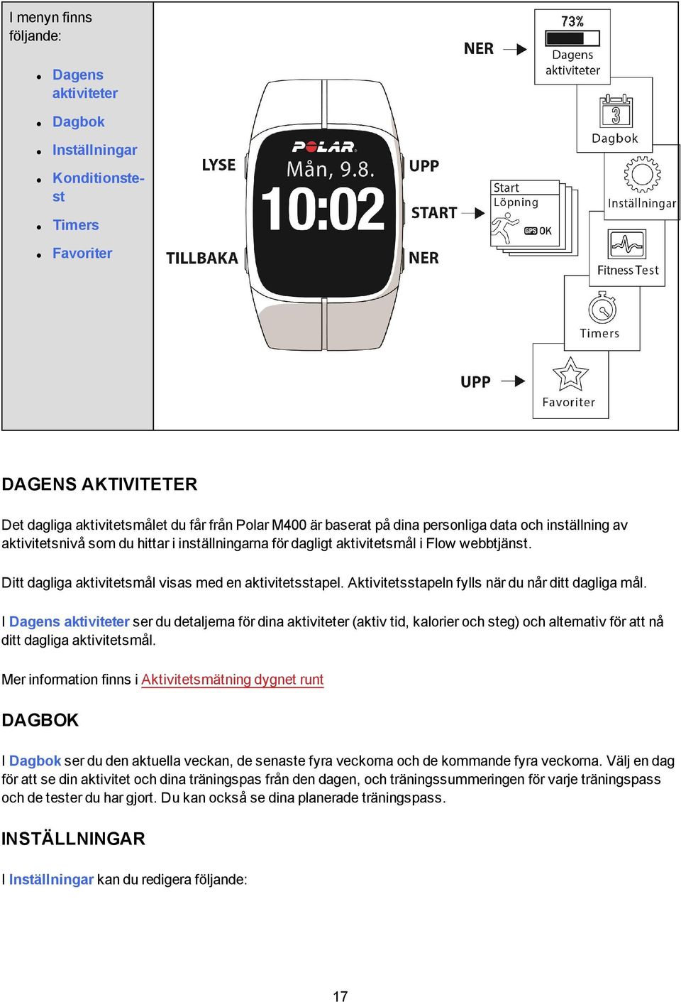 Aktivitetsstapeln fylls när du når ditt dagliga mål. I Dagens aktiviteter ser du detaljerna för dina aktiviteter (aktiv tid, kalorier och steg) och alternativ för att nå ditt dagliga aktivitetsmål.