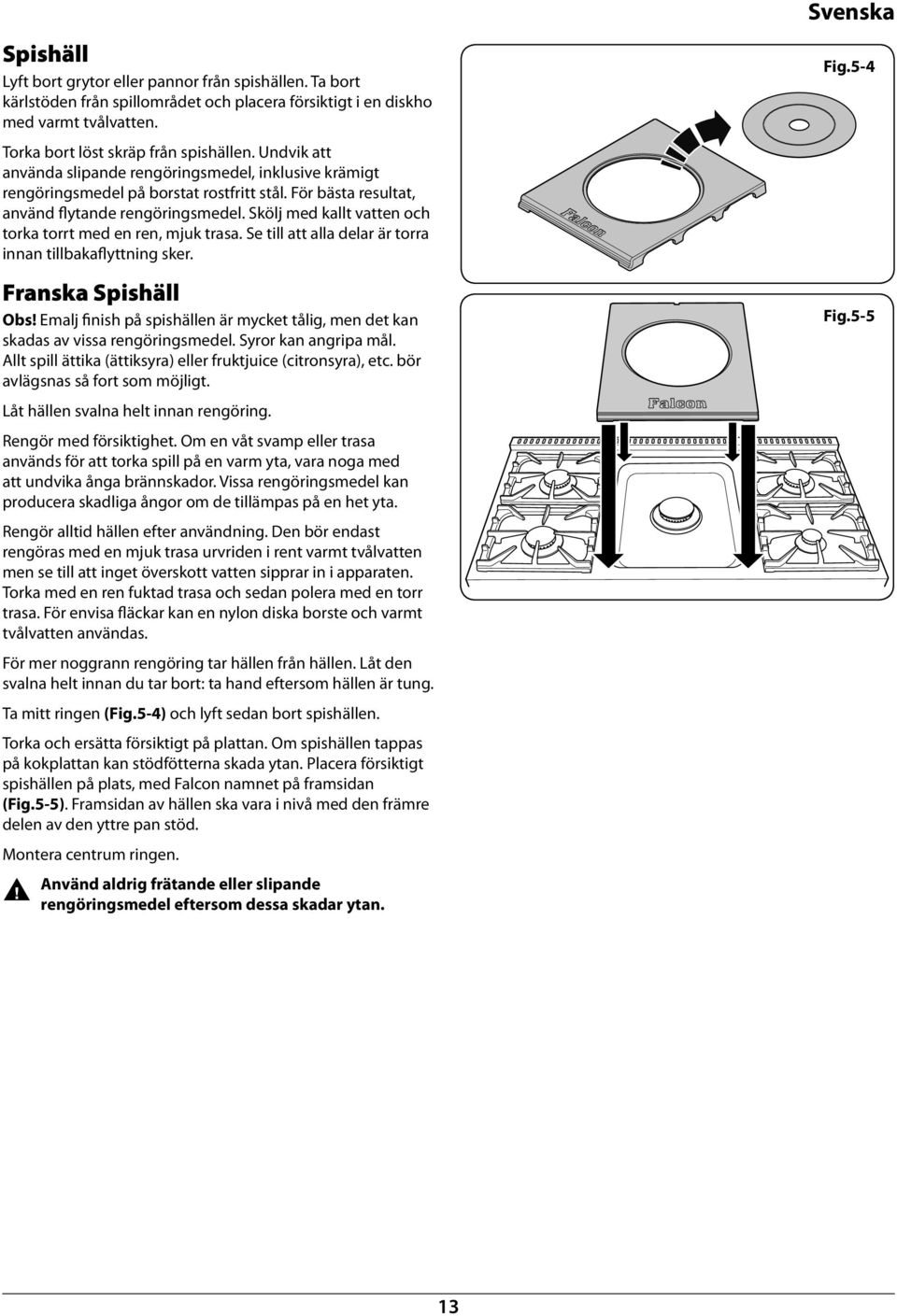 Skölj med kallt vatte och torka torrt med e re, mjuk trasa. Se till att alla delar är torra ia tillbakaflyttig sker. Fraska Spishäll Obs!