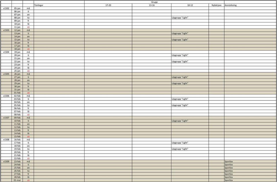 Löpgrupp "Light" 28-jan on 29-jan to Löpgrupp "Light" 30-jan fr 31-jan lö 01-feb sö v1506 02-feb må 03-feb ti Löpgrupp "Light" 04-feb on 05-feb to Löpgrupp "Light" 06-feb fr 07-feb lö 08-feb sö v1507