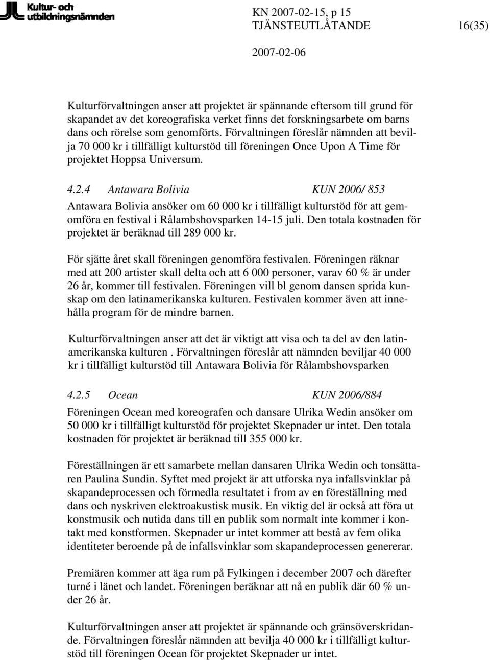 4 Antawara Bolivia KUN 2006/ 853 Antawara Bolivia ansöker om 60 000 kr i tillfälligt kulturstöd för att gemomföra en festival i Rålambshovsparken 14-15 juli.
