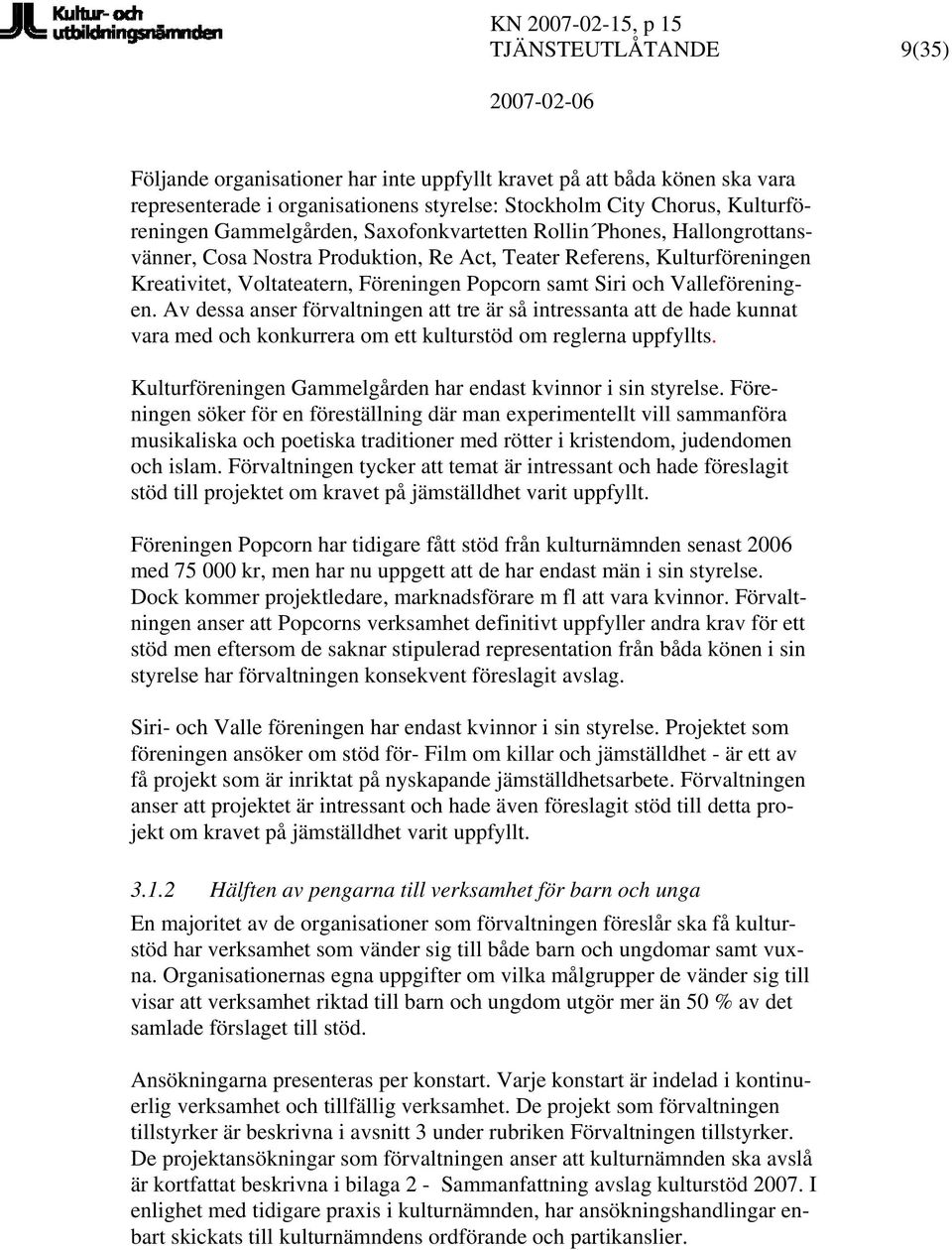 Av dessa anser förvaltningen att tre är så intressanta att de hade kunnat vara med och konkurrera om ett kulturstöd om reglerna uppfyllts.