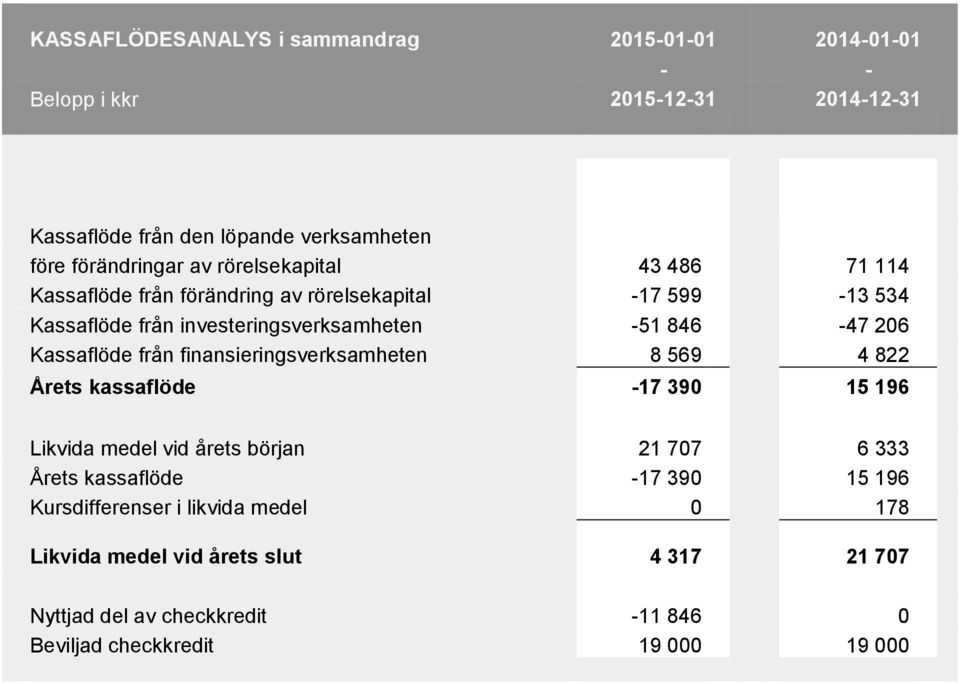 Kassaflöde från finansieringsverksamheten 8 569 4 822 Årets kassaflöde -17 390 15 196 Likvida medel vid årets början 21 707 6 333 Årets kassaflöde -17