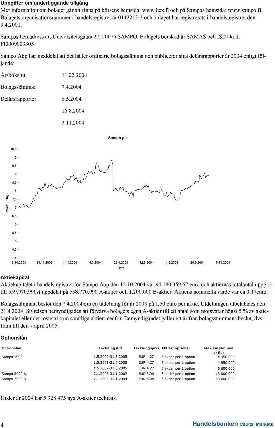 Bolagets börskod är SAMAS och ISIN-kod: FI0009003305 Sampo Abp har meddelat att det håller ordinarie bolagsstämma och publicerar sina delårsrapporter år 2004 enligt följande: Årsbokslut: 11.02.