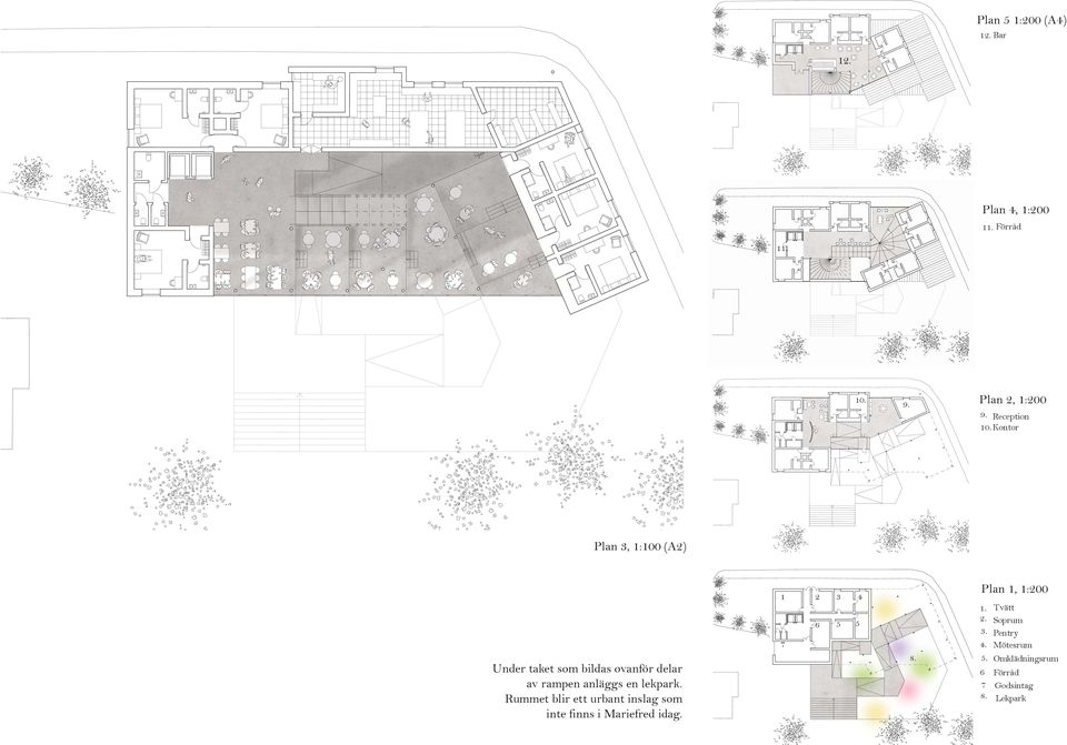Kontor N Plan 3, 1:100 (A2) Under taket som bildas ovanför delar av rampen anläggs en lekpark.