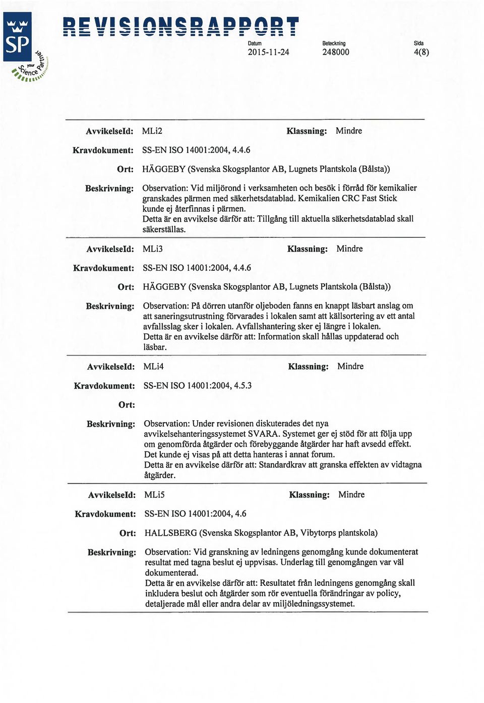 Avvikelseld: MLi3 Klassning: Mindre Kravdokument: SS-EN ISO 140