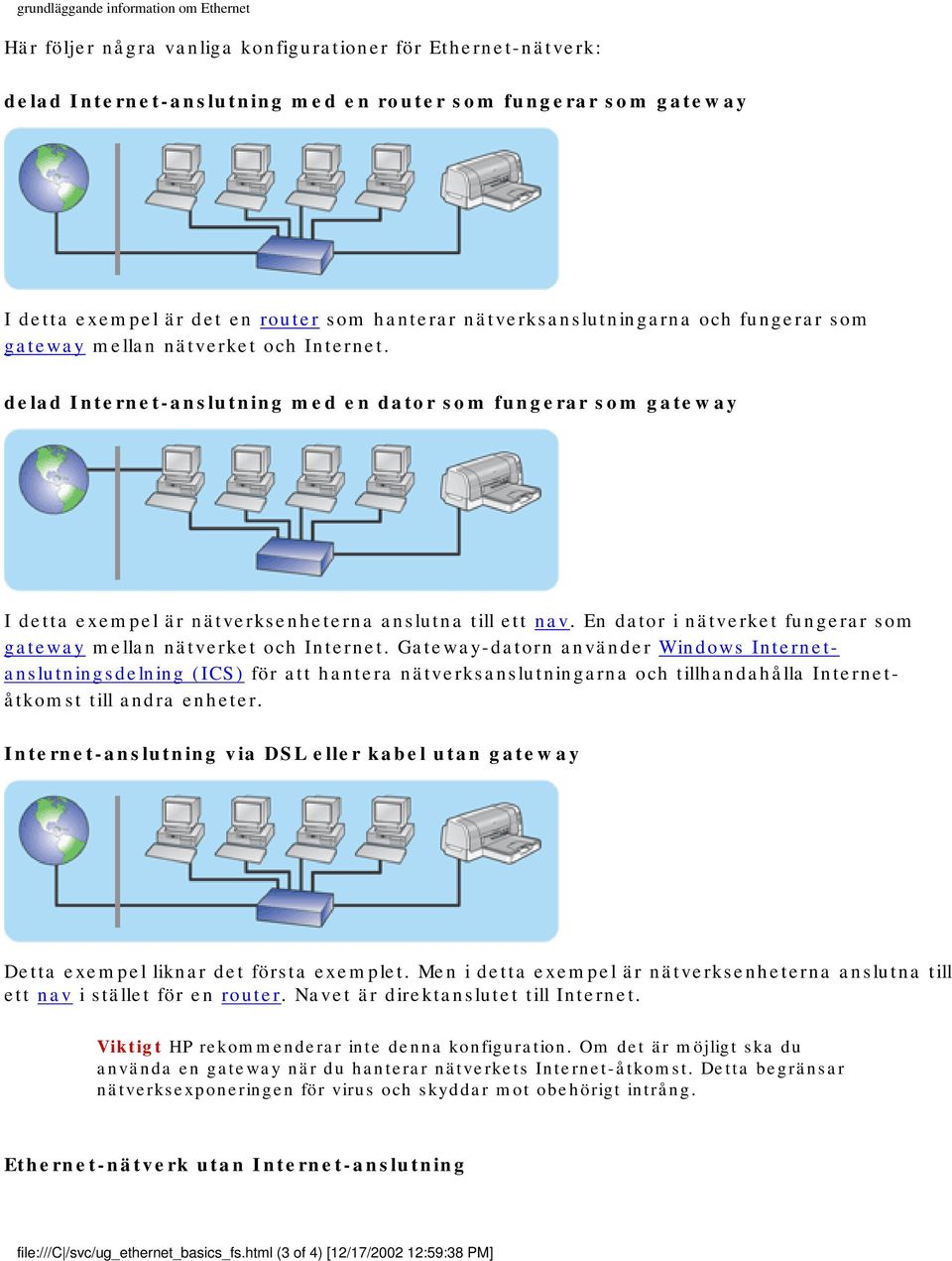 delad Internet-anslutning med en dator som fungerar som gateway I detta exempel är nätverksenheterna anslutna till ett nav. En dator i nätverket fungerar som gateway mellan nätverket och Internet.