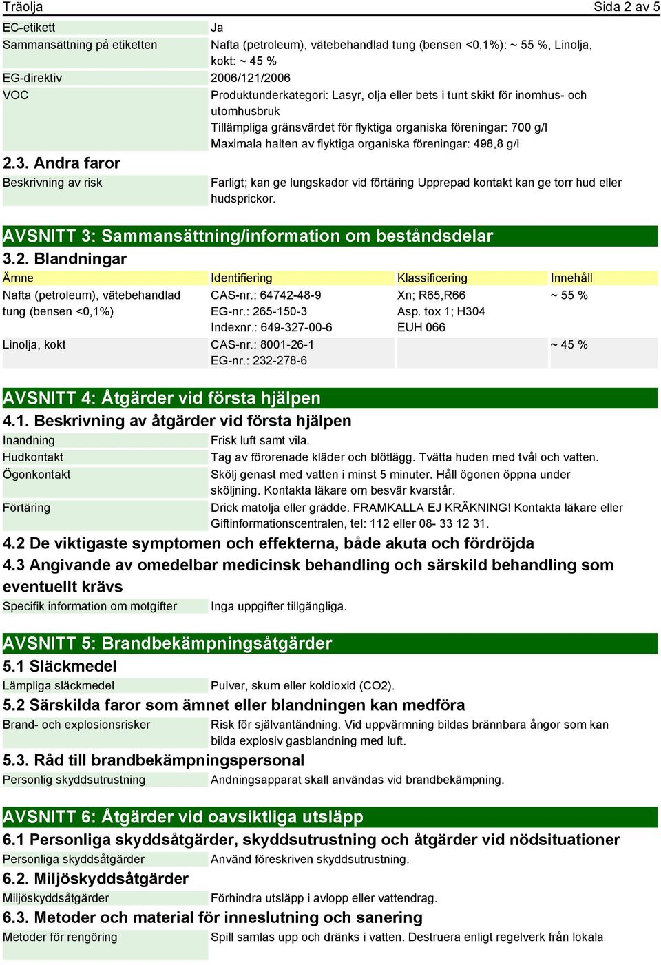 Andra faror Beskrivning av risk Farligt; kan ge lungskador vid förtäring Upprepad kontakt kan ge torr hud eller hudsprickor. AVSNITT 3: Sammansättning/information om beståndsdelar 3.2.