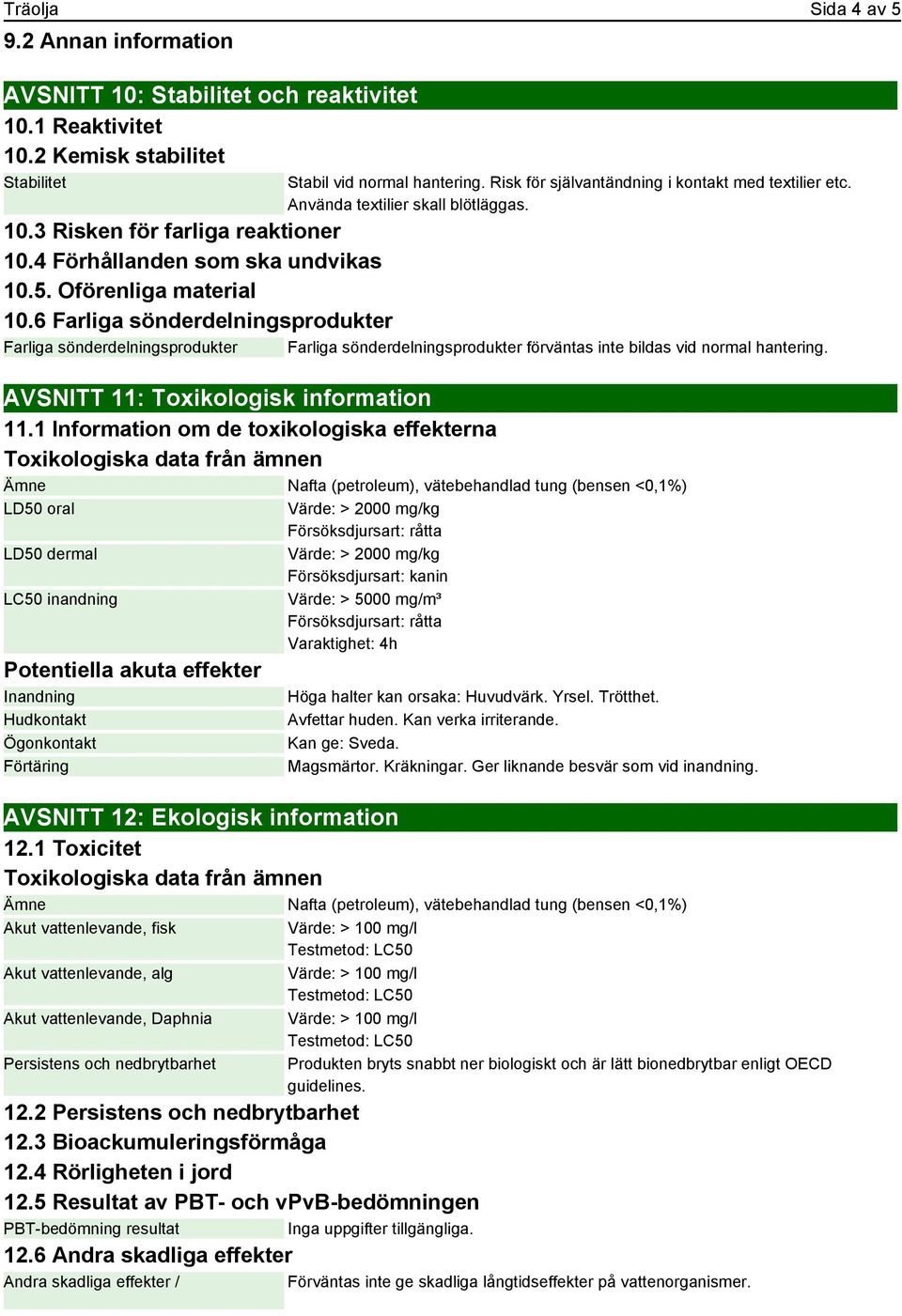 6 Farliga sönderdelningsprodukter Farliga sönderdelningsprodukter Farliga sönderdelningsprodukter förväntas inte bildas vid normal hantering. AVSNITT 11: Toxikologisk information 11.