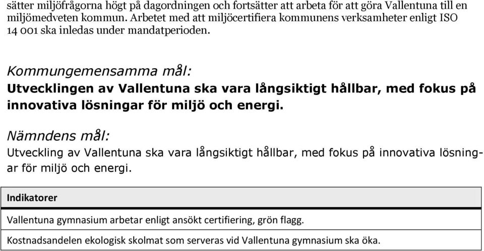 Kommungemensamma mål: Utvecklingen av Vallentuna ska vara långsiktigt hållbar, med fokus på innovativa lösningar för miljö och energi.