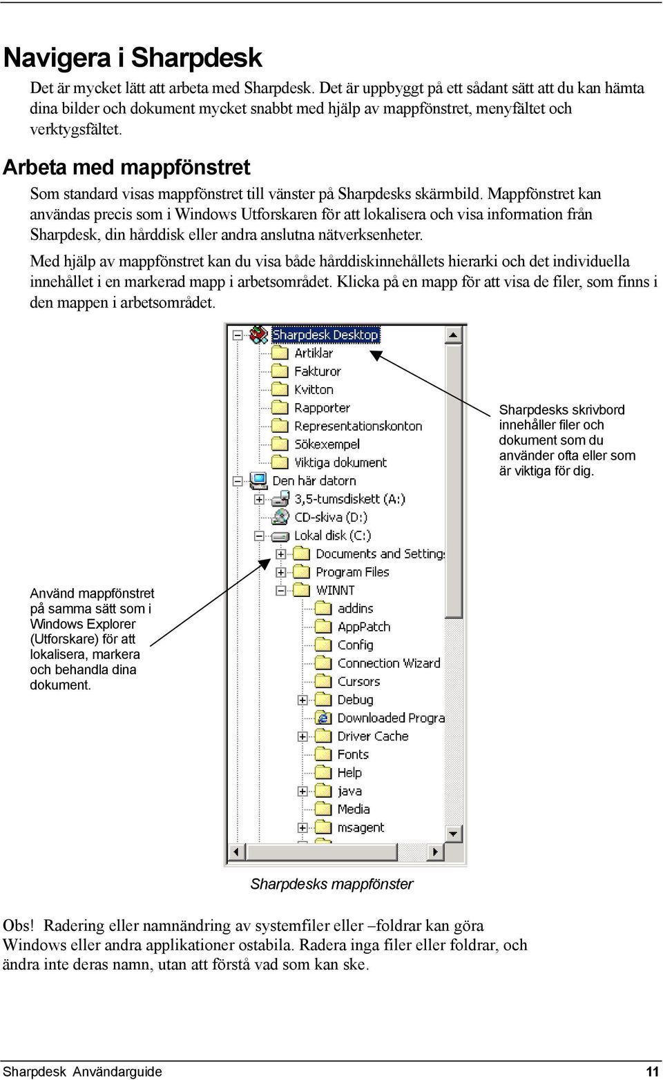 Arbeta med mappfönstret Som standard visas mappfönstret till vänster på Sharpdesks skärmbild.