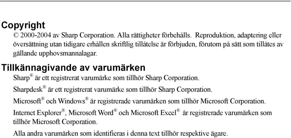 Tillkännagivande av varumärken Sharp är ett registrerat varumärke som tillhör Sharp Corporation. Sharpdesk är ett registrerat varumärke som tillhör Sharp Corporation.