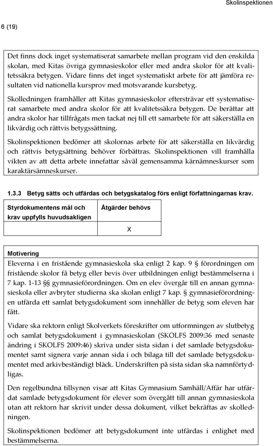 Skolledningen framhåller att Kitas gymnasieskolor eftersträvar ett systematiserat samarbete med andra skolor för att kvalitetssäkra betygen.