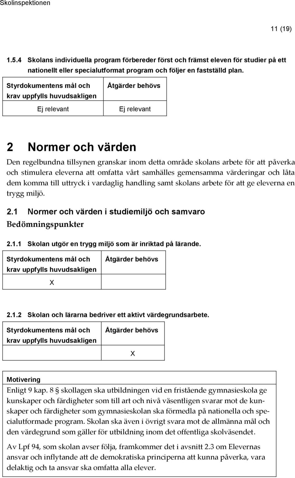 värderingar och låta dem komma till uttryck i vardaglig handling samt skolans arbete för att ge eleverna en trygg miljö. 2.1 Normer och värden i studiemiljö och samvaro Bedömningspunkter 2.1.1 Skolan utgör en trygg miljö som är inriktad på lärande.