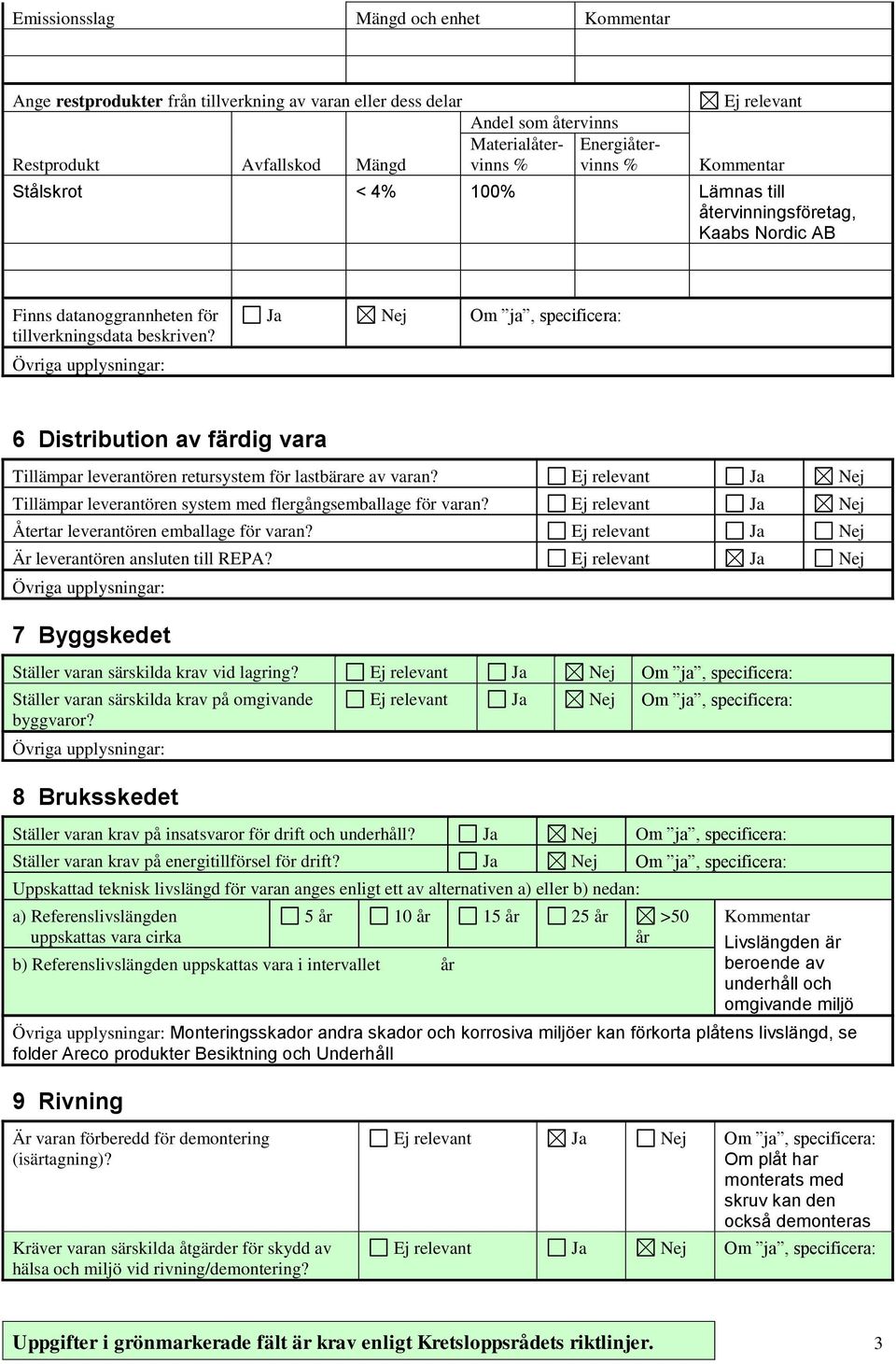 Ja Nej Om ja, specificera: 6 Distribution av färdig vara Tillämpar leverantören retursystem för lastbärare av varan? Ja Nej Tillämpar leverantören system med flergångsemballage för varan?