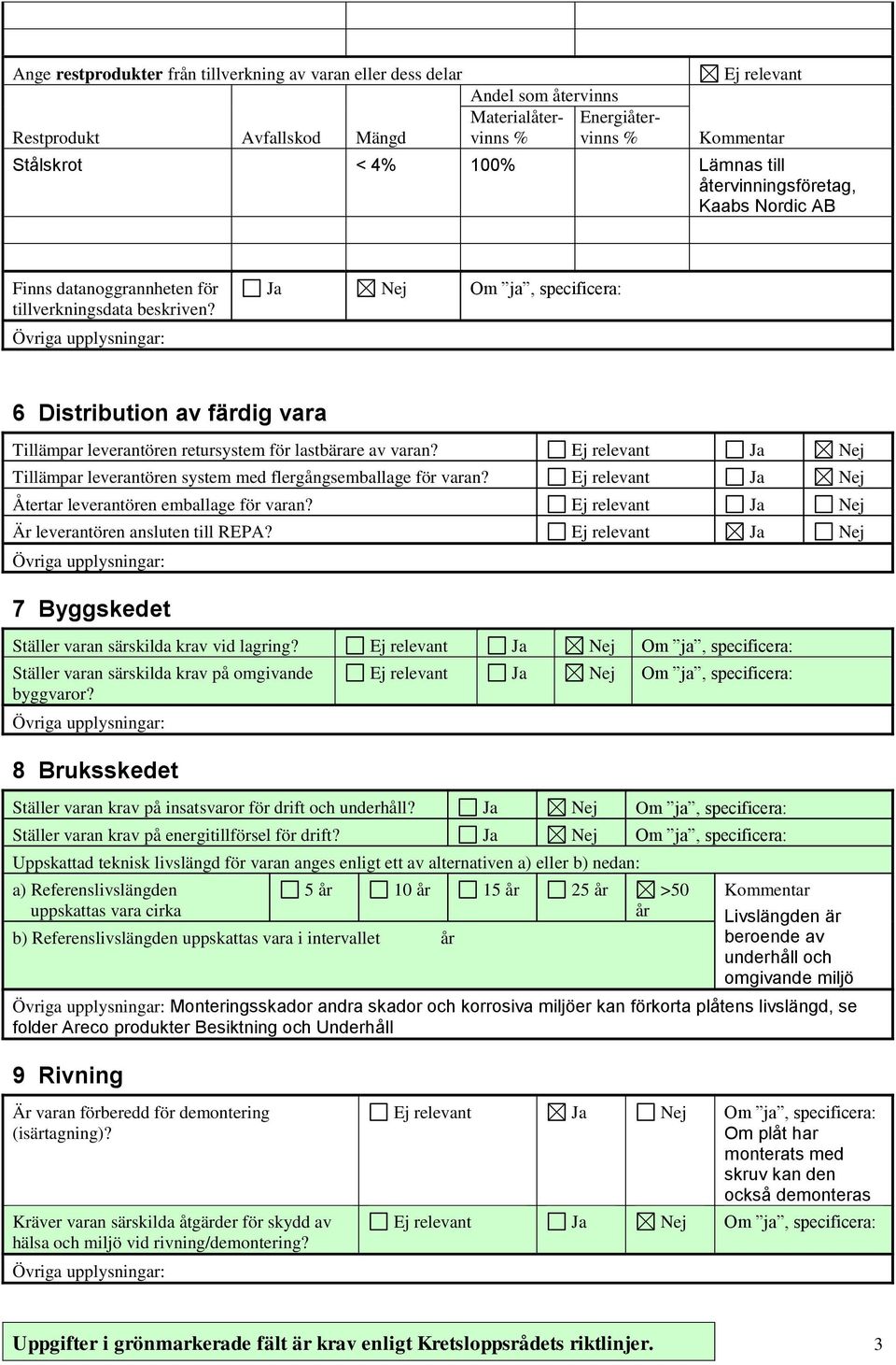 Ja Nej Om ja, specificera: 6 Distribution av färdig vara Tillämpar leverantören retursystem för lastbärare av varan? Ja Nej Tillämpar leverantören system med flergångsemballage för varan?