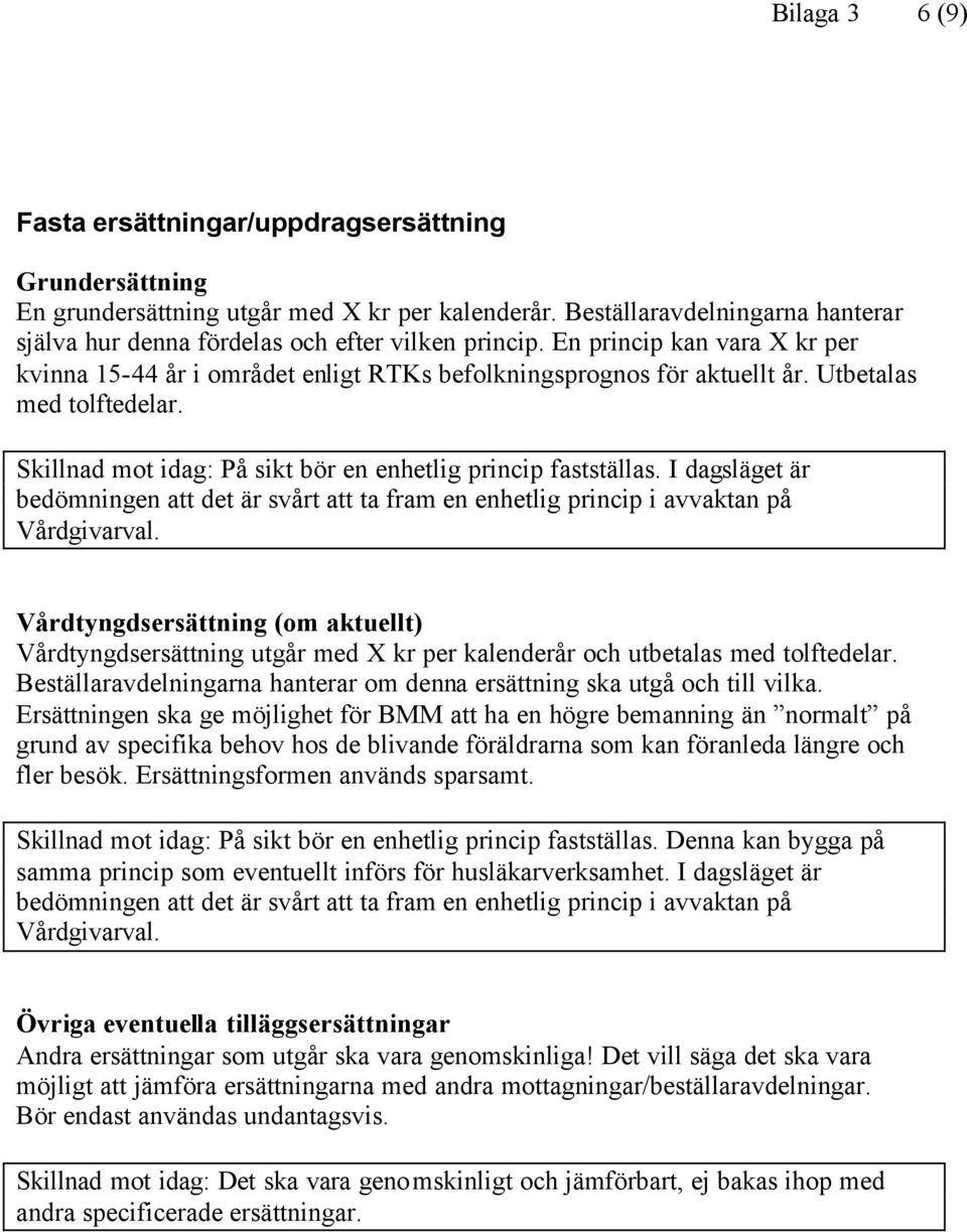 Utbetalas med tolftedelar. Skillnad mot idag: På sikt bör en enhetlig princip fastställas. I dagsläget är bedömningen att det är svårt att ta fram en enhetlig princip i avvaktan på Vårdgivarval.