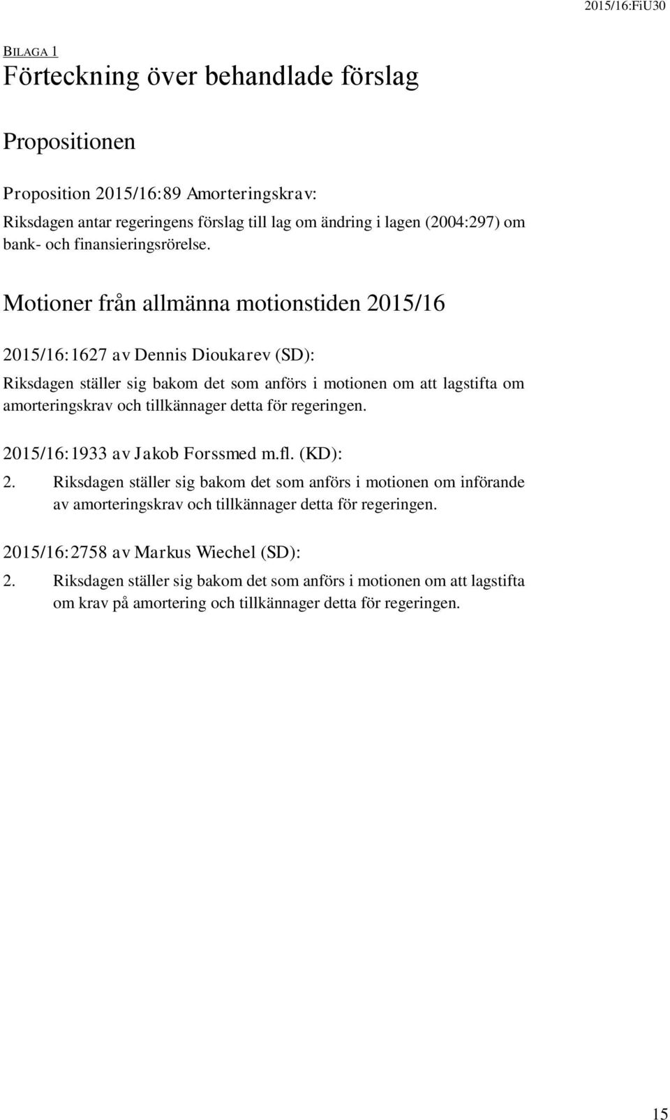 Motioner från allmänna motionstiden 2015/16 2015/16:1627 av Dennis Dioukarev (SD): Riksdagen ställer sig bakom det som anförs i motionen om att lagstifta om amorteringskrav och tillkännager
