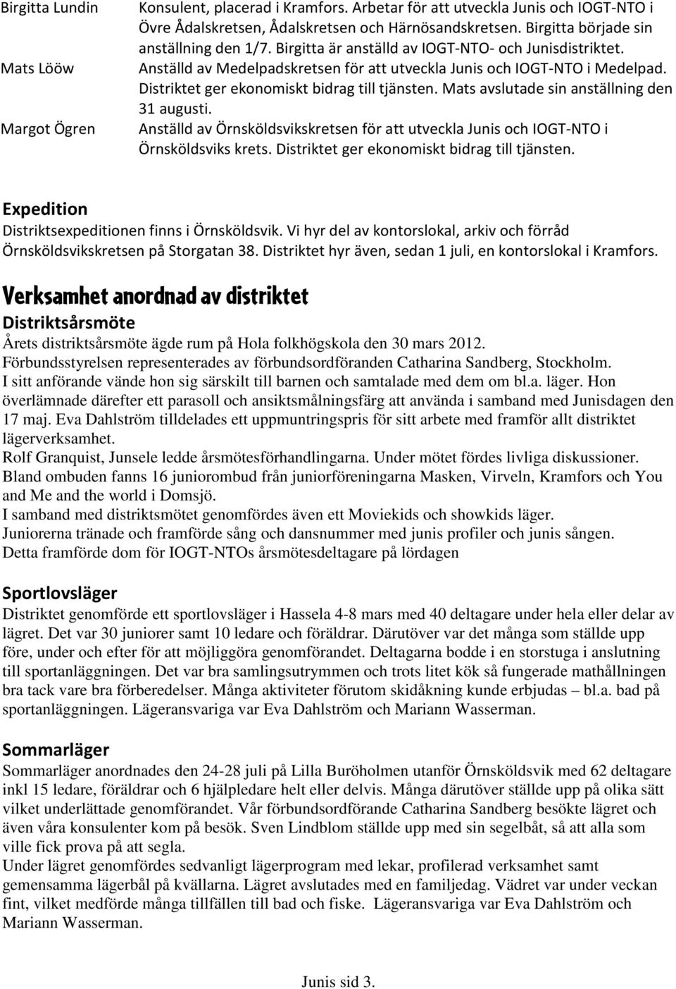 Distriktet ger ekonomiskt bidrag till tjänsten. Mats avslutade sin anställning den 31 augusti. Anställd av Örnsköldsvikskretsen för att utveckla Junis och IOGT-NTO i Örnsköldsviks krets.