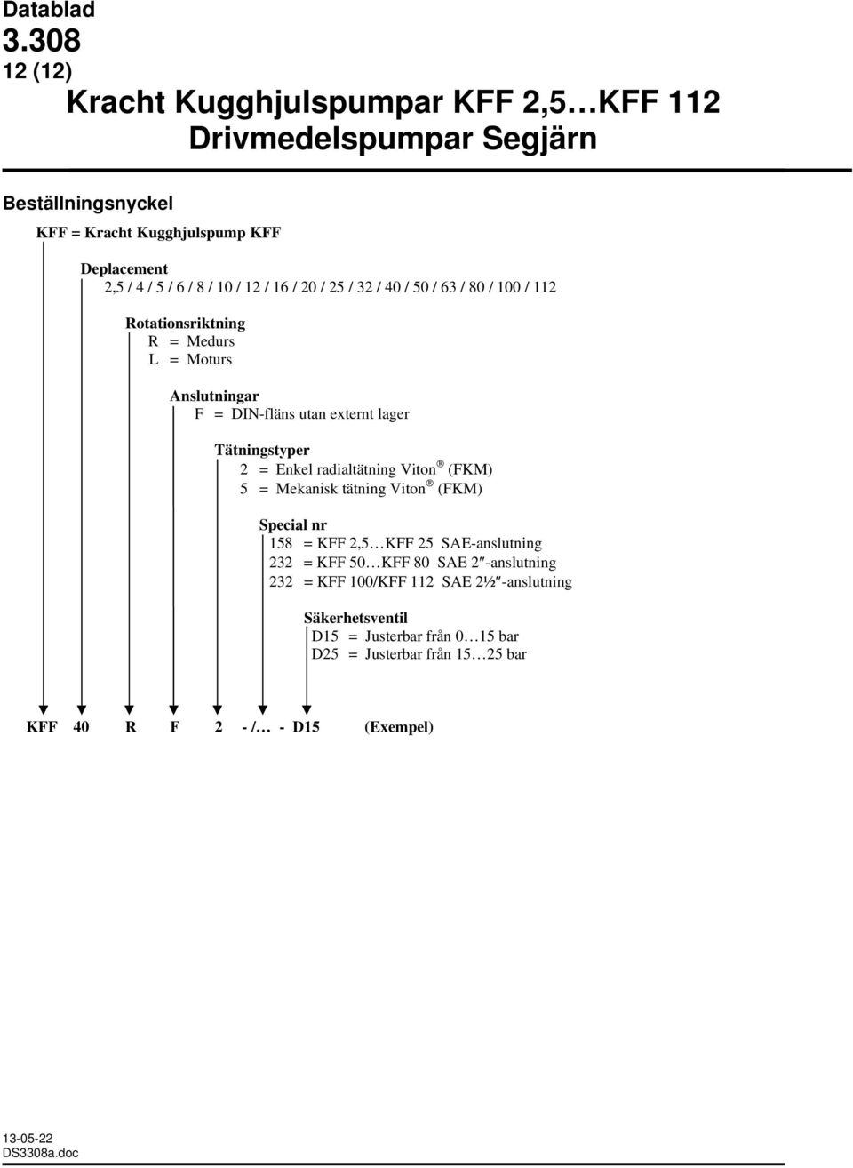 Viton (FKM) 5 = Mekanisk tätning Viton (FKM) Special nr 158 = KFF 2,5 KFF 25 SAE-anslutning 232 = KFF 50 KFF 80 SAE 2-anslutning 232 = KFF