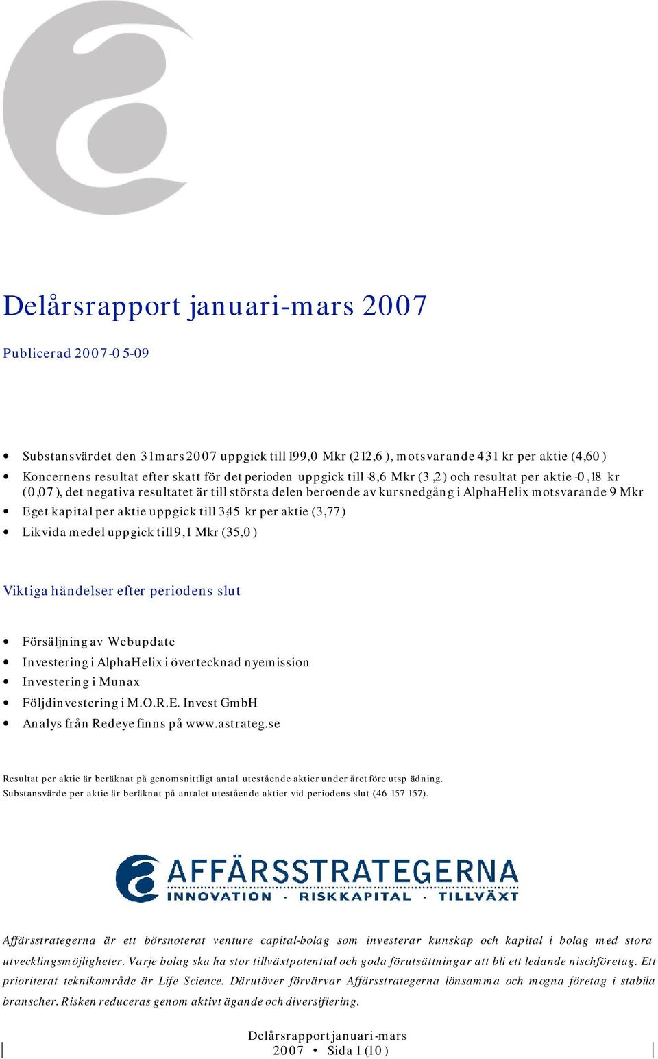 per aktie (3,77) Likvida medel uppgick till 9,1 Mkr (35,0) Viktiga händelser efter periodens slut Försäljning av Webupdate Investering i AlphaHelix i övertecknad nyemission Investering i Munax