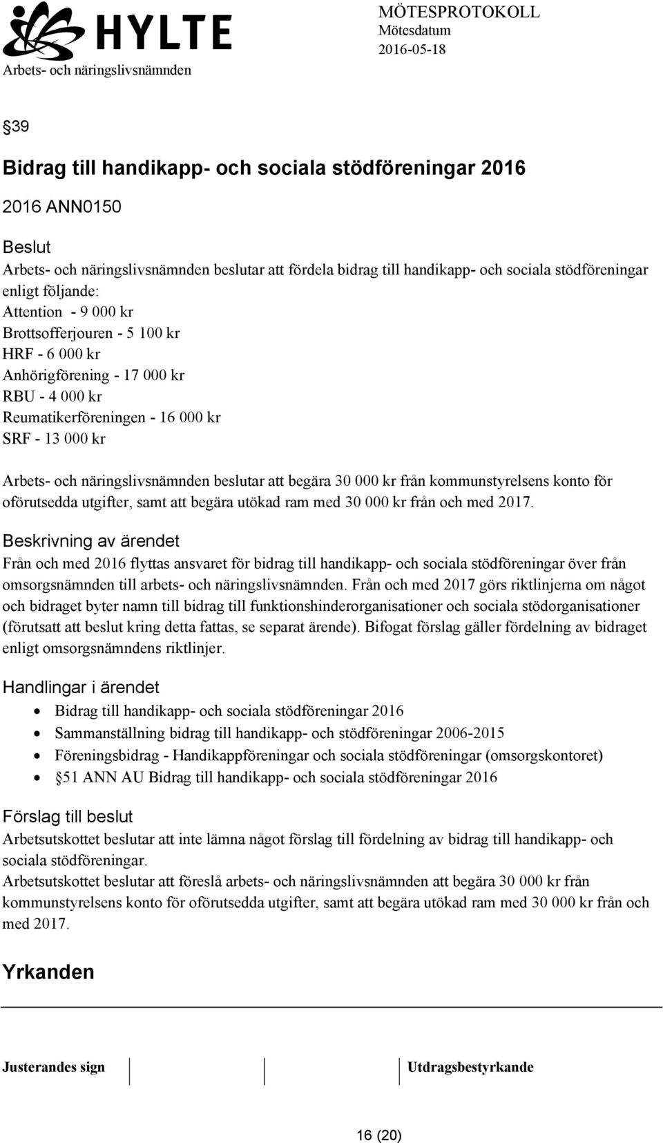 30 000 kr från kommunstyrelsens konto för oförutsedda utgifter, samt att begära utökad ram med 30 000 kr från och med 2017.