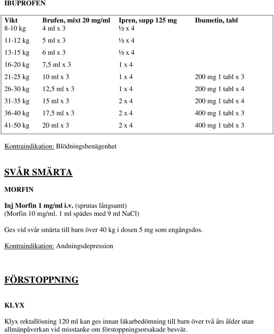 Kontraindikation: Blödningsbenägenhet SVÅR SMÄRTA MORFIN Inj Morfin 1 mg/ml i.v. (sprutas långsamt) (Morfin 10 mg/ml.