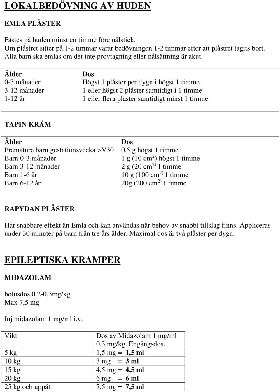 Ålder Dos 0-3 månader Högst 1 plåster per dygn i högst 1 timme 3-12 månader 1 eller högst 2 plåster samtidigt i 1 timme 1-12 år 1 eller flera plåster samtidigt minst 1 timme TAPIN KRÄM Ålder