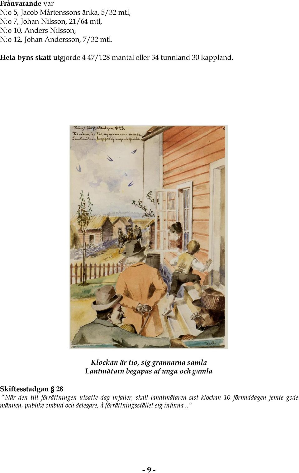 Klockan är tio, sig grannarna samla Lantmätarn begapas af unga och gamla Skiftesstadgan 28 När den till förrättningen