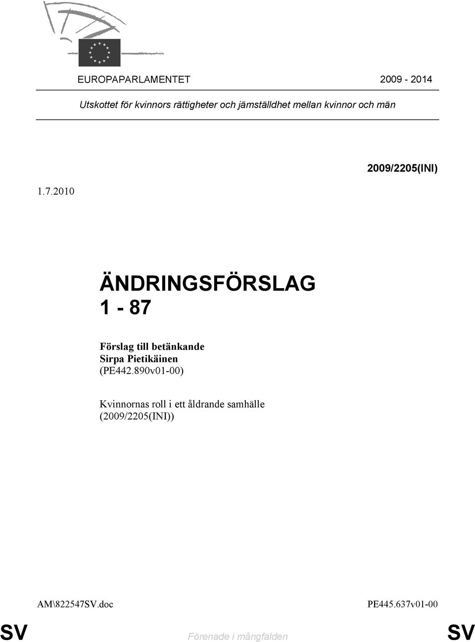 2010 ÄNDRINGSFÖRSLAG 1-87 Förslag till betänkande Sirpa Pietikäinen (PE442.