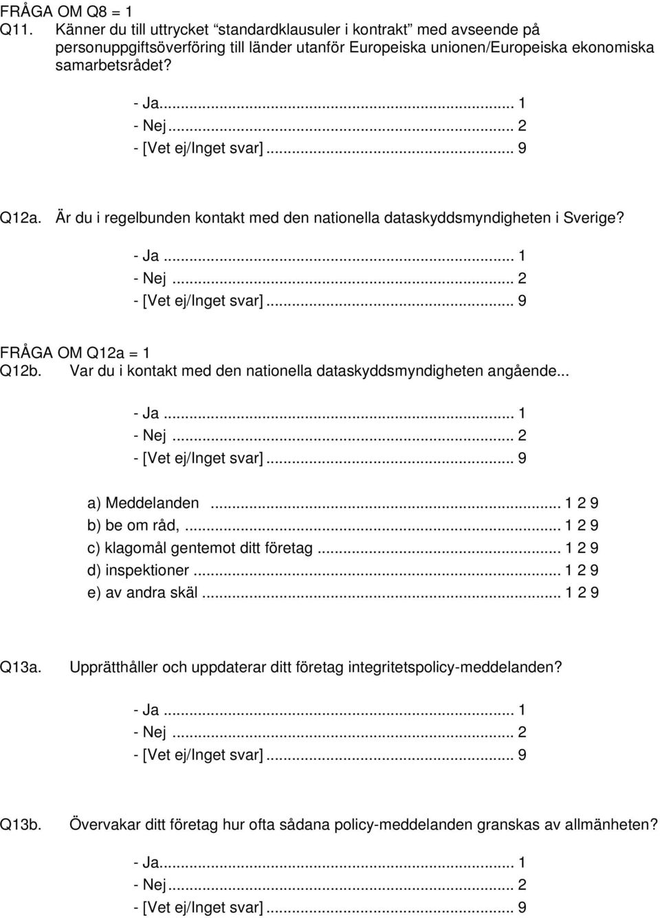 .. 1 - Nej... 2 Q12a. Är du i regelbunden kontakt med den nationella dataskyddsmyndigheten i Sverige? FRÅGA OM Q12a = 1 Q12b.