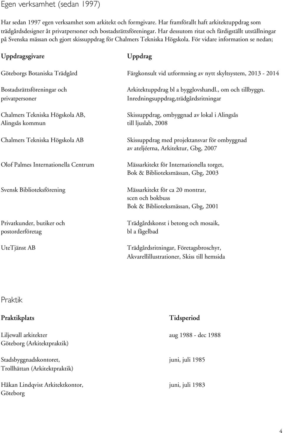 För vidare information se nedan; Uppdragsgivare Uppdrag s Botaniska Trädgård Färgkonsult vid utformning av nytt skyltsystem, 2013-2014 Bostadsrättsföreningar och privatpersoner Arkitektuppdrag bl a