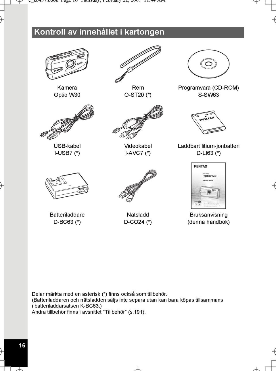 (CD-ROM) S-SW63 USB-kabel I-USB7 (*) Videokabel I-AVC7 (*) Laddbart litium-jonbatteri D-LI63 (*) Batteriladdare D-BC63 (*) Nätsladd