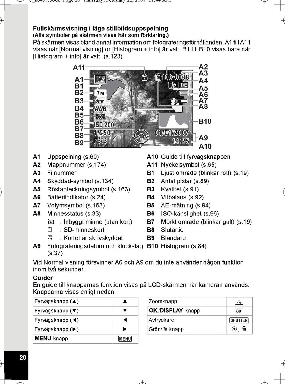 (s.123) A1 Uppspelning (s.60) A10 Guide till fyrvägsknappen A2 Mappnummer (s.174) A11 Nyckelsymbol (s.65) A3 Filnummer B1 Ljust område (blinkar rött) (s.19) A4 Skyddad-symbol (s.
