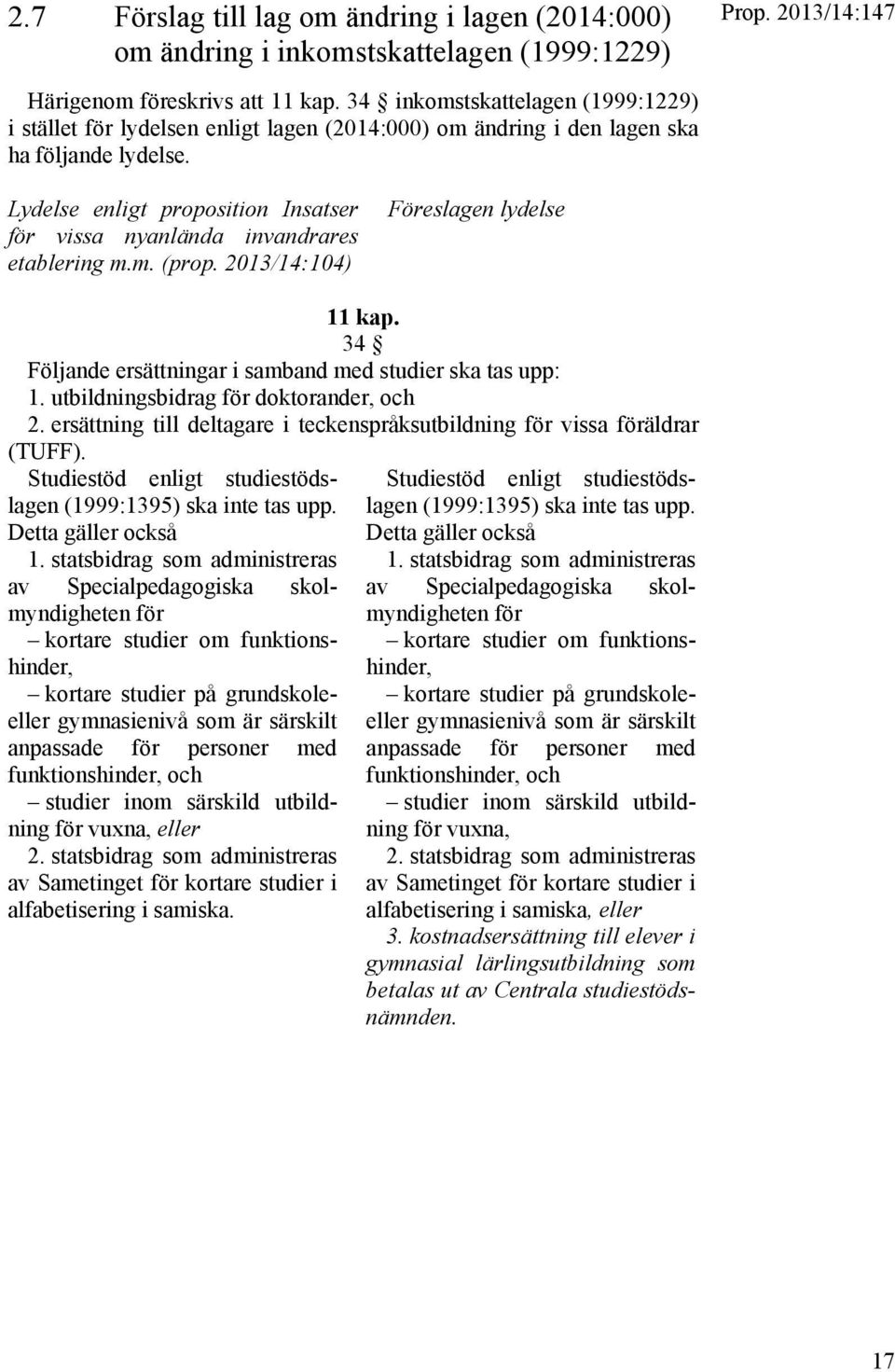 Lydelse enligt proposition Insatser för vissa nyanlända invandrares etablering m.m. (prop. 2013/14:104) Föreslagen lydelse 11 kap. 34 Följande ersättningar i samband med studier ska tas upp: 1.