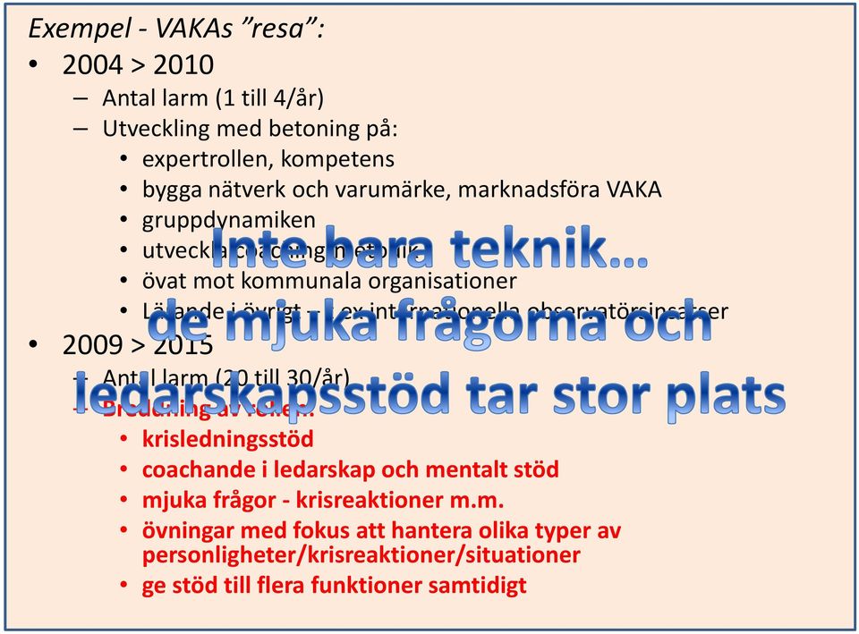 observatörsinsatser 2009 > 2015 Antal larm (20 till 30/år) Breddning av rollen: krisledningsstöd coachande i ledarskap och mentalt stöd mjuka