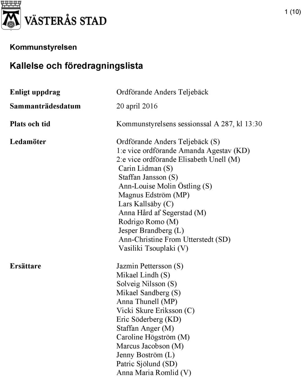 Edström (MP) Lars Kallsäby (C) Anna Hård af Segerstad (M) Rodrigo Romo (M) Jesper Brandberg (L) Ann-Christine From Utterstedt (SD) Vasiliki Tsouplaki (V) Jazmin Pettersson (S) Mikael Lindh (S)