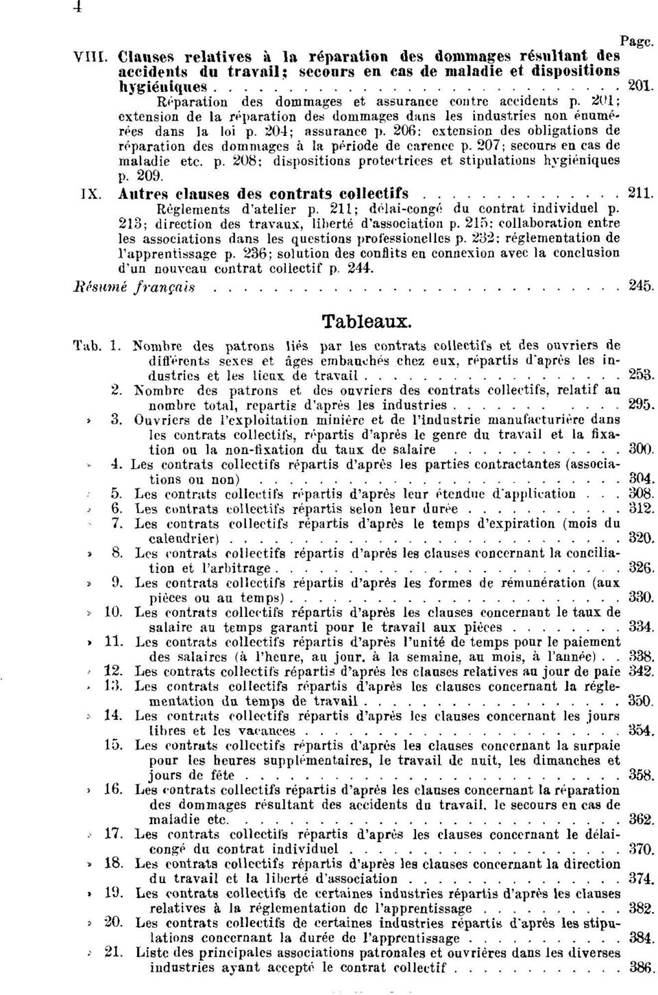 206; extension des obligations de réparation des dommages à la période de carence p. 207; secours en cas de maladie etc. p. 208; dispositions protectrices et stipulations hygiéniques p. 209. IX.