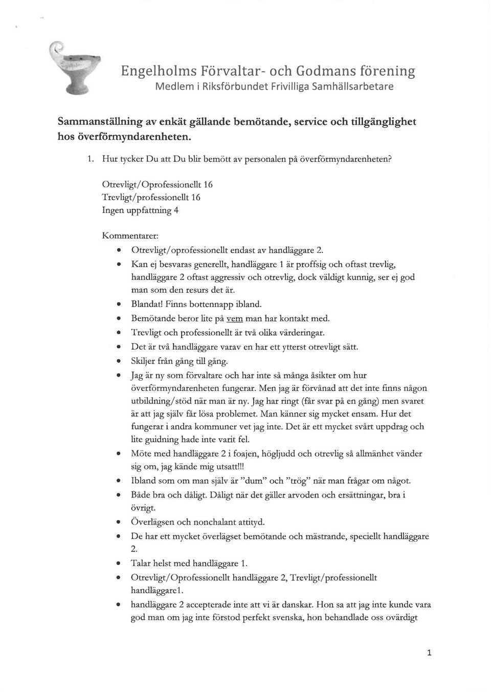 Kan ej besvaras generellt, handläggare 1 är proffsig och oftast trevlig, handläggare 2 oftast aggressiv och otrevlig, dock väldigt kunnig, set ej god man som den resurs det är. Blandat!