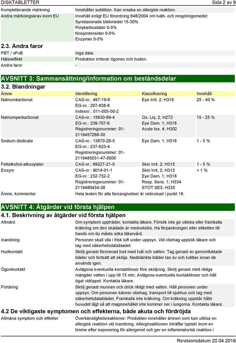 Hälsoeffekt Produkten irriterar ögonen och huden. Andra faror - AVSNITT 3: Sammansättning/information om beståndsdelar 3.2. Blandningar Identifiering Klassificering Innehåll Natriumkarbonat CAS-nr.