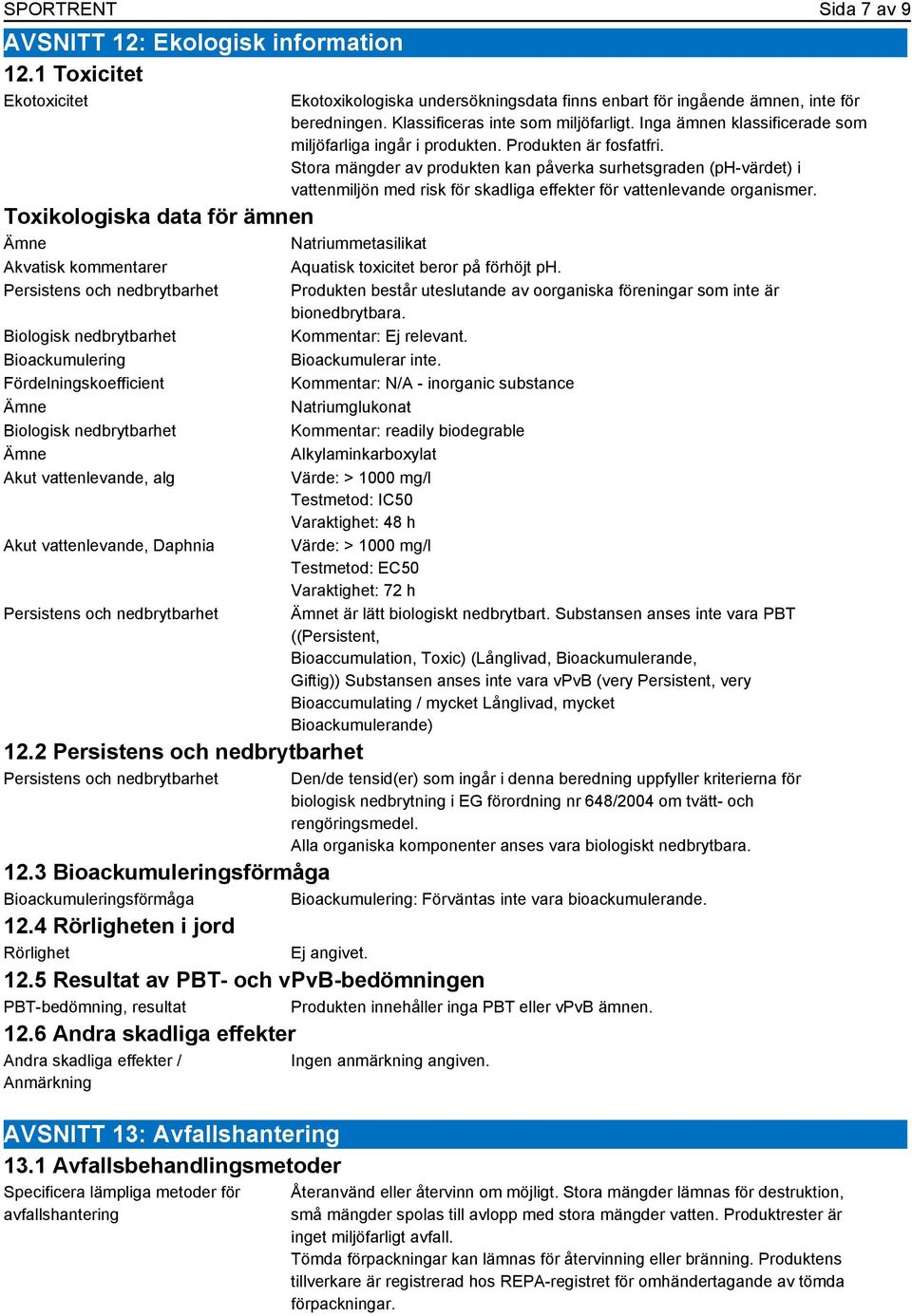 2 Persistens och nedbrytbarhet Persistens och nedbrytbarhet Ekotoxikologiska undersökningsdata finns enbart för ingående ämnen, inte för beredningen. Klassificeras inte som miljöfarligt.