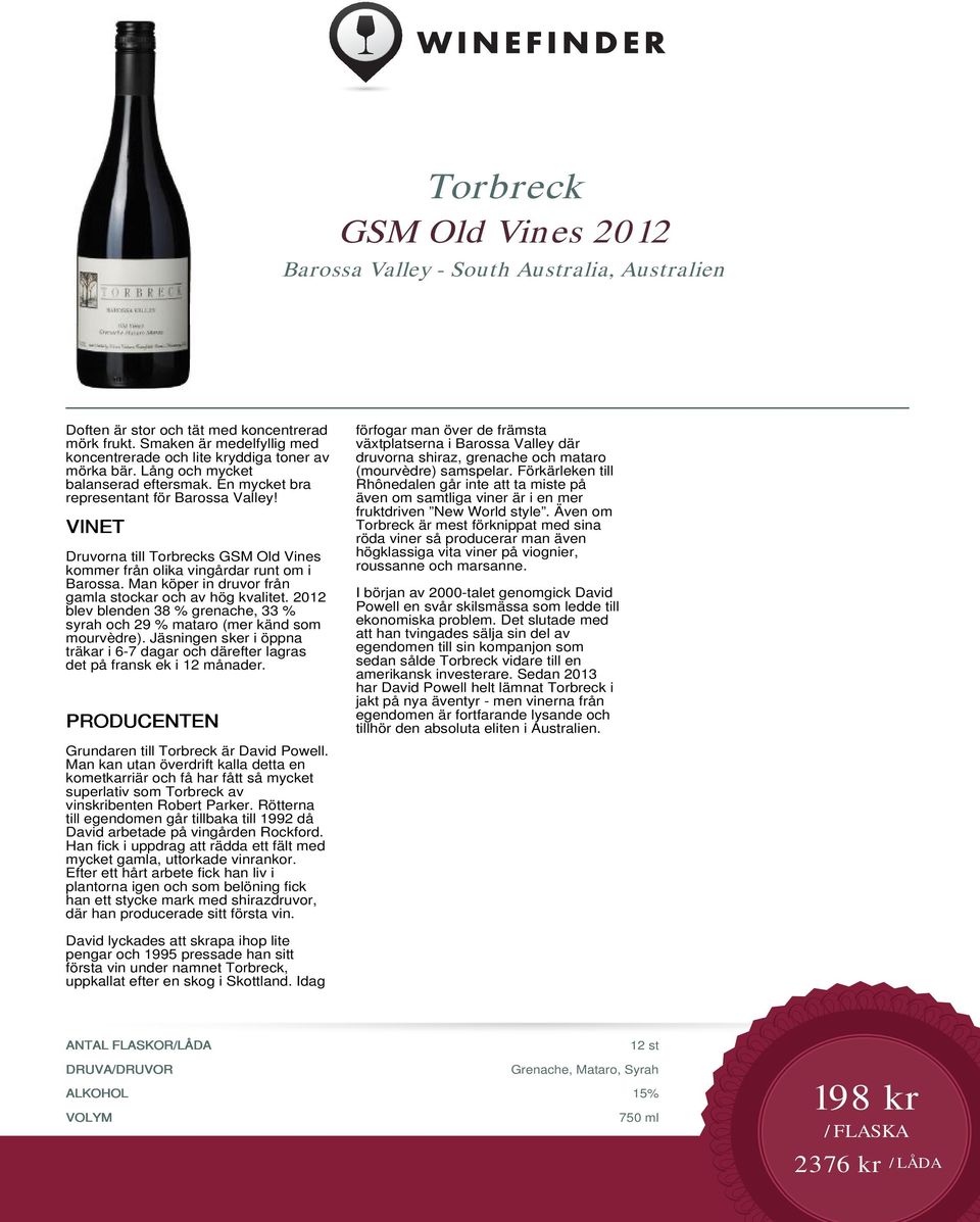 Druvorna till Torbrecks GSM Old Vines kommer från olika vingårdar runt om i Barossa. Man köper in druvor från gamla stockar och av hög kvalitet.