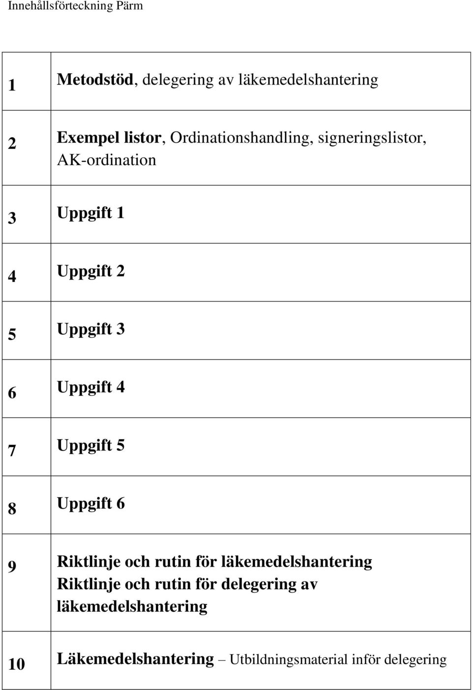 Uppgift 4 7 Uppgift 5 8 Uppgift 6 9 Riktlinje och rutin för läkemedelshantering Riktlinje och