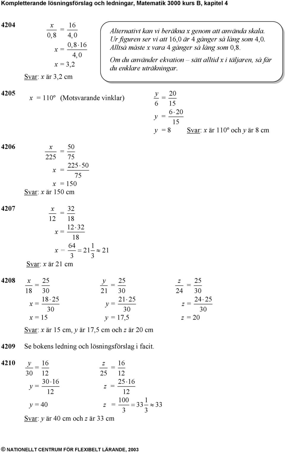 405 = 110º (Motsvarande vinklar) y 0 = 6 15 y = 60 15 y = 8 Svar: är 110º och y är 8 c 406 = 50 5 75 5 50 = 75 = 150 Svar: är 150 c 407 3 = 1 18 1 3 = 18 = 64 = 1 1 1 3 3 Svar: är 1 c 408 5 y 5 z = =